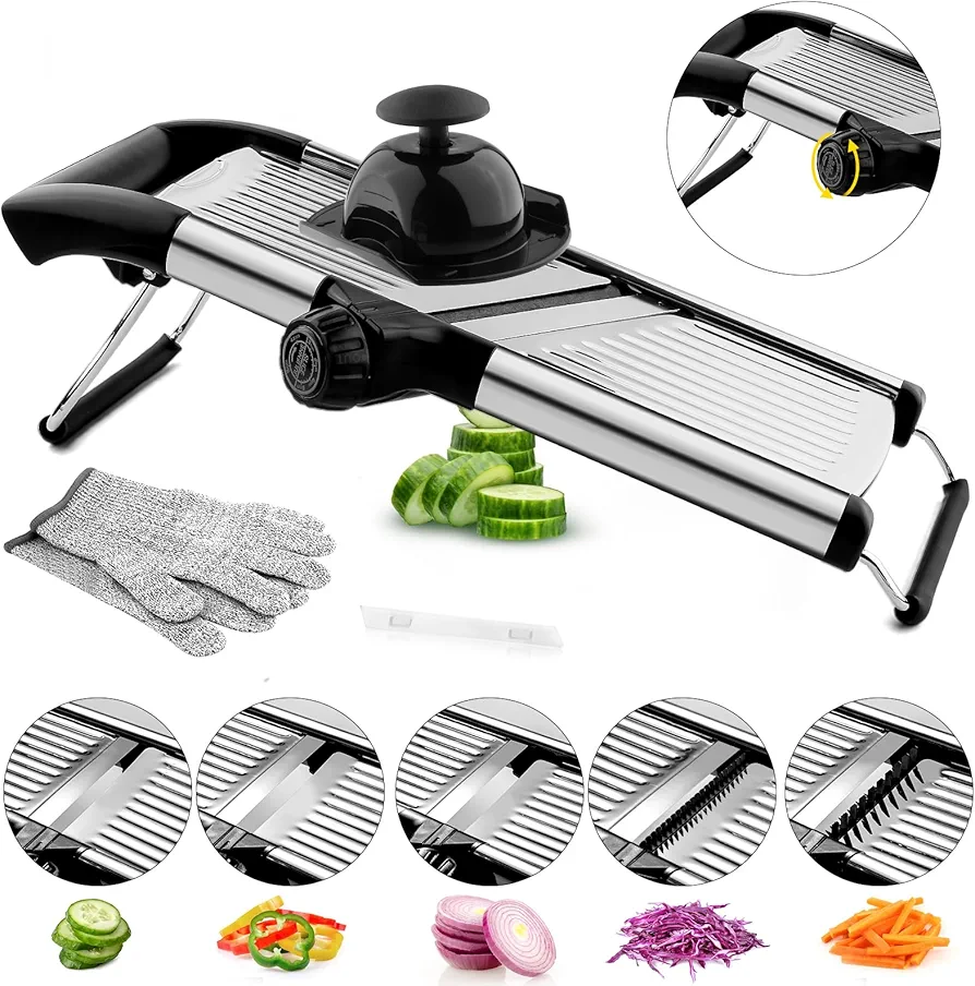 VEKAYA Mandoline Slicer,Mandoline Food Slicer for Kitchen,Mandolin,Potato Slicer,Vegetable Chopper,Adjustable Stainless Steel Veggie Onion Tomato Julienne Cutter with Cut-Resistant Gloves