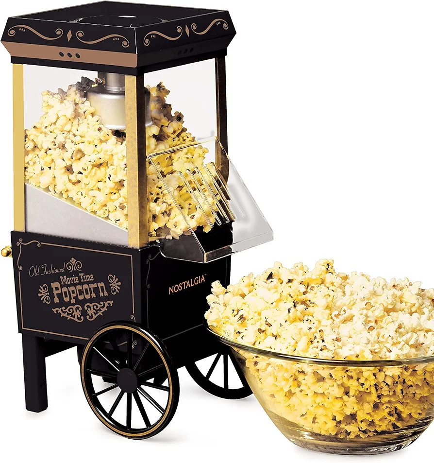 Nostalgia Vintage Hot-Air Popcorn Maker Machine - Makes Up to 12 Cups - Oil-Free - Healthier Popcorn - Classic Stand-Up Cart With Wheels - Includes Kernel Measuring Cup - Black