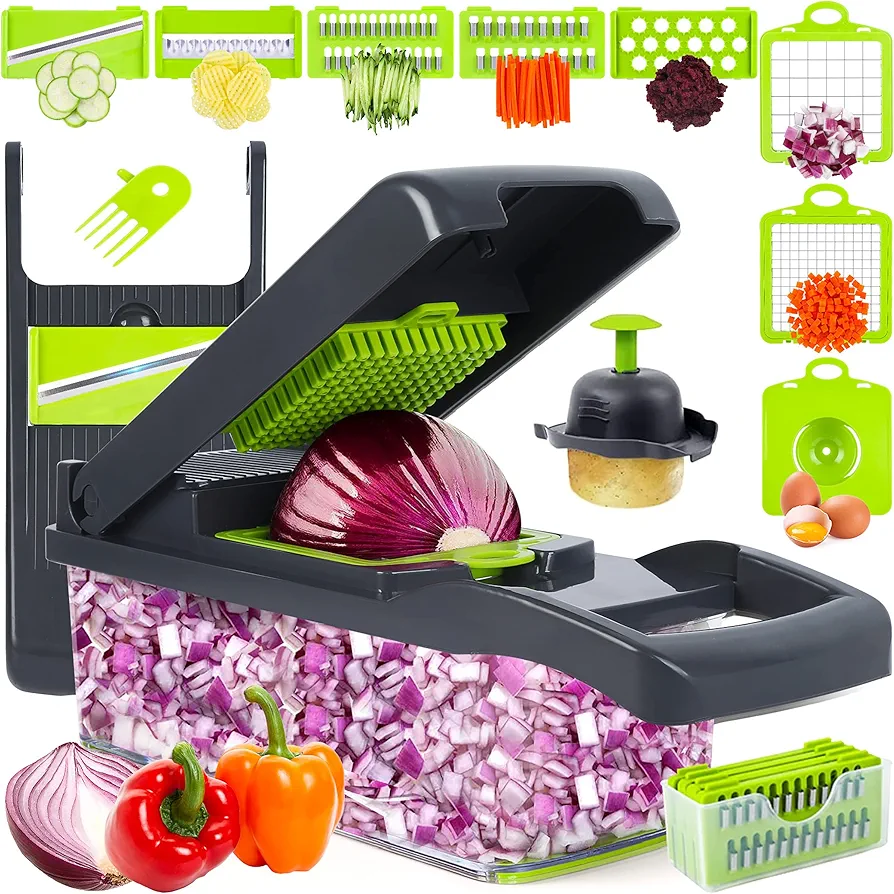 Vegetable Chopper, Onion Chopper, Mandolin Slicer,Pro 10 in 1professional food Choppermultifunctional Vegetable Chopper and Slicer, Dicing Machine, AdjustableVegetable Cutter With Container (Grey)