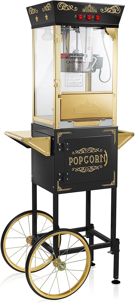 Olde Midway Movie Theater-Style Popcorn Machine Maker with Cart and 8-Ounce Kettle - Black, Vintage-Style Popper on Wheels