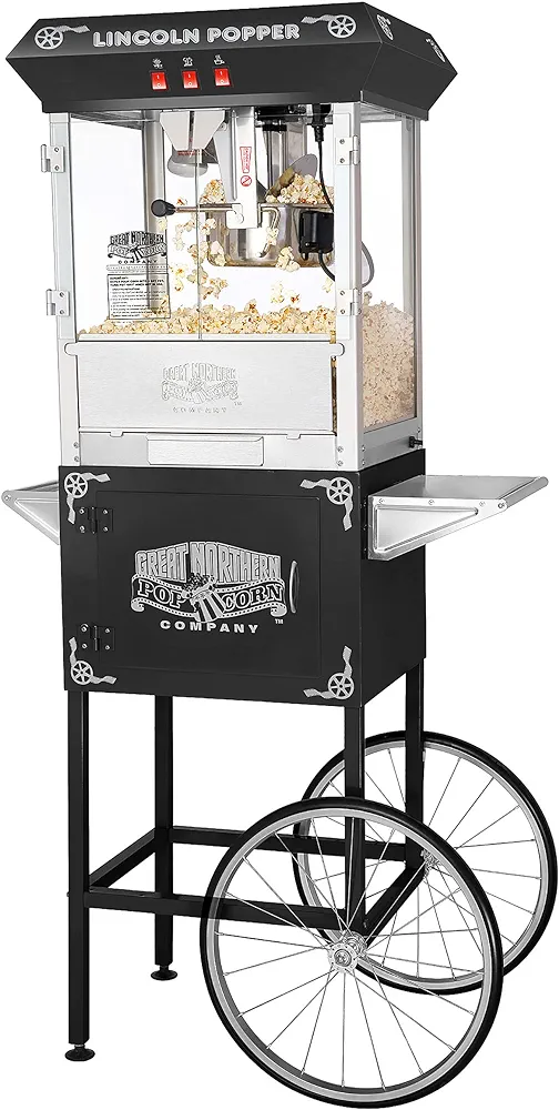 Lincoln Popcorn Machine with Cart - 8oz Popper with Stainless-Steel Kettle, Warming Light, and Accessories by Great Northern Popcorn (Black)