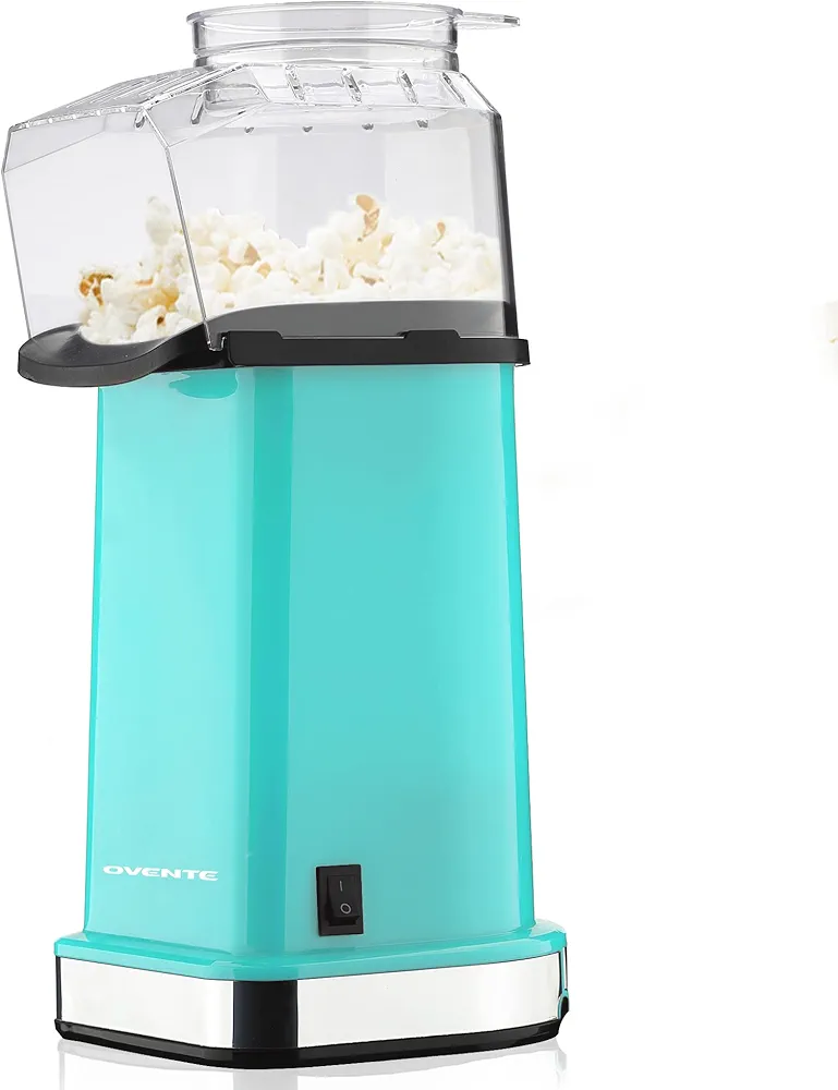 OVENTE Electric Popcorn Maker and Popper Machine with Measuring Cup for Corn Kernels, 1400W Easy to Use, Makes Healthy, Delicious and Hot Popcorn in Minutes, No Oil Needed, Turquoise PM11T