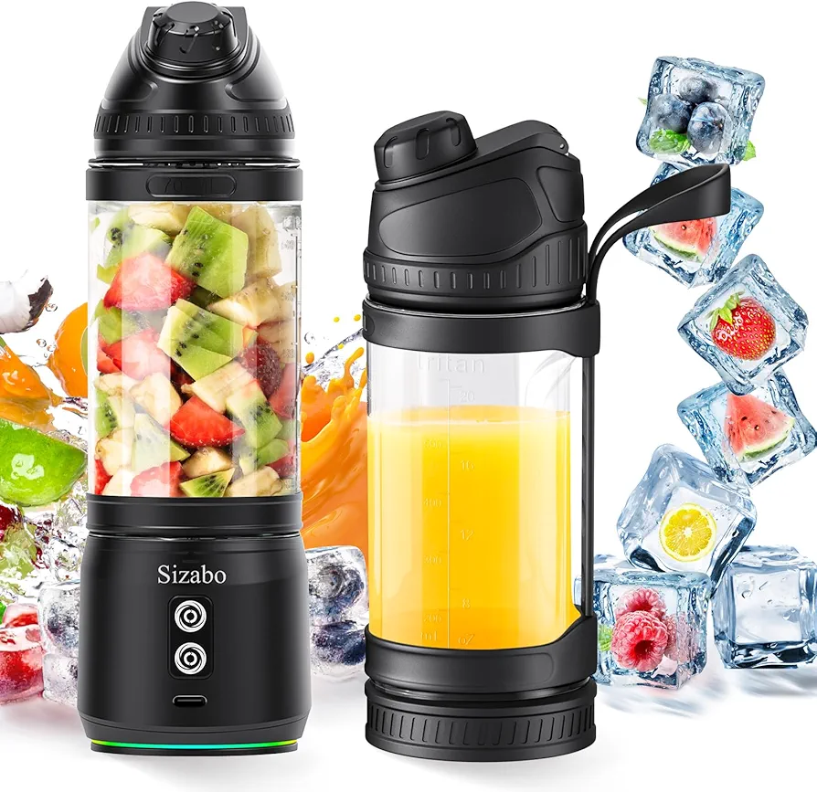 Portable Blender for Shakes and Smoothies,Sizabo Personal Size High Speed Blender,24 oz USB C Rechargeable Blender,2000 mAh*3 Tritan Mini Fruit Juice Mixer for Travel/Picnic/Office/Gym/Sport(Black)