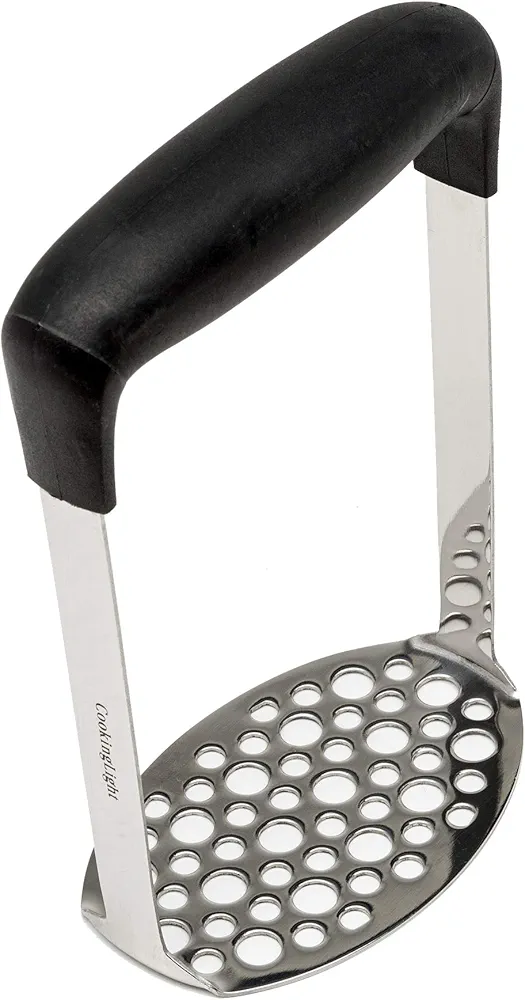 Cooking Light Heavy Duty Stainless Steel Masher, Broad and Ergonomic Horizontal, Fine Plate for Smooth Mashed Potatoes, Soft Grip and Non-Slip Handle, Black