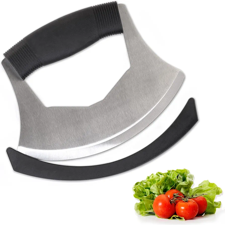 XoYoZo Salad Chopper Mezzaluna Knife with Protective Cover and Anti-Slip Handle Stainless Steel Chopper Vegetable Cutter Onion Chopper Mincing Knife Pizza Cutter