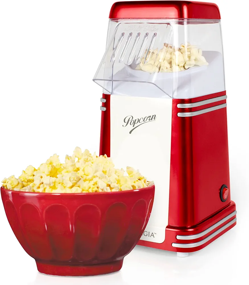 Nostalgia Hot-Air Electric Popcorn Maker, 8 Cups, Healthy Oil Free Popcorn with Measuring Scoop, Retro Red