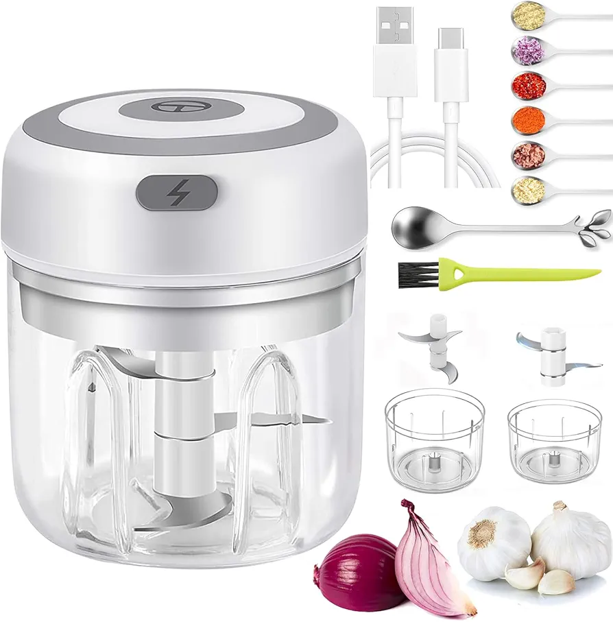 Electric Mini Garlic Chopper 2 Cup,Portable Cordless Food Processor, Vegetable Chopper Blender Onion Mincer,Meat Grinder with USB Charging for Chili,Pepper,Baby Food,Spice, Nuts,Herb(White 100+250ml)