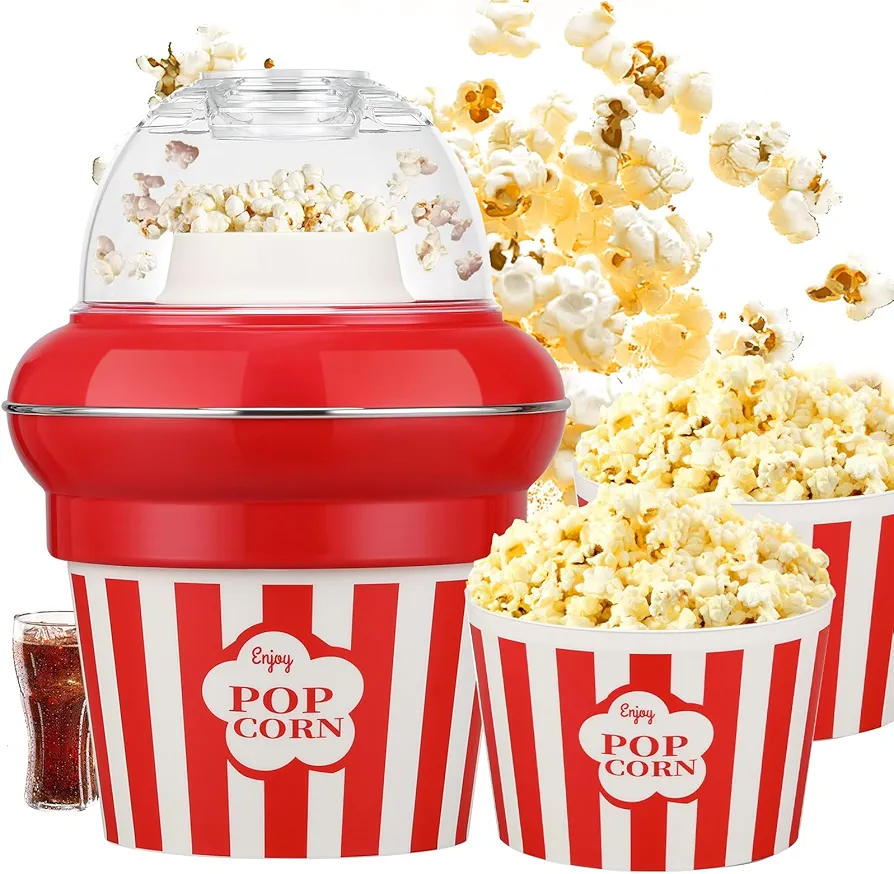 Popcorn Machine Hot Air Popcorn Maker No Oil, High Popping Rate, 5.3 Quart Quarts 1100w 2 Min Fast Popping Air Popper with Butter Melter, BPA-Free, Popcorn Poppers for Home (Red)