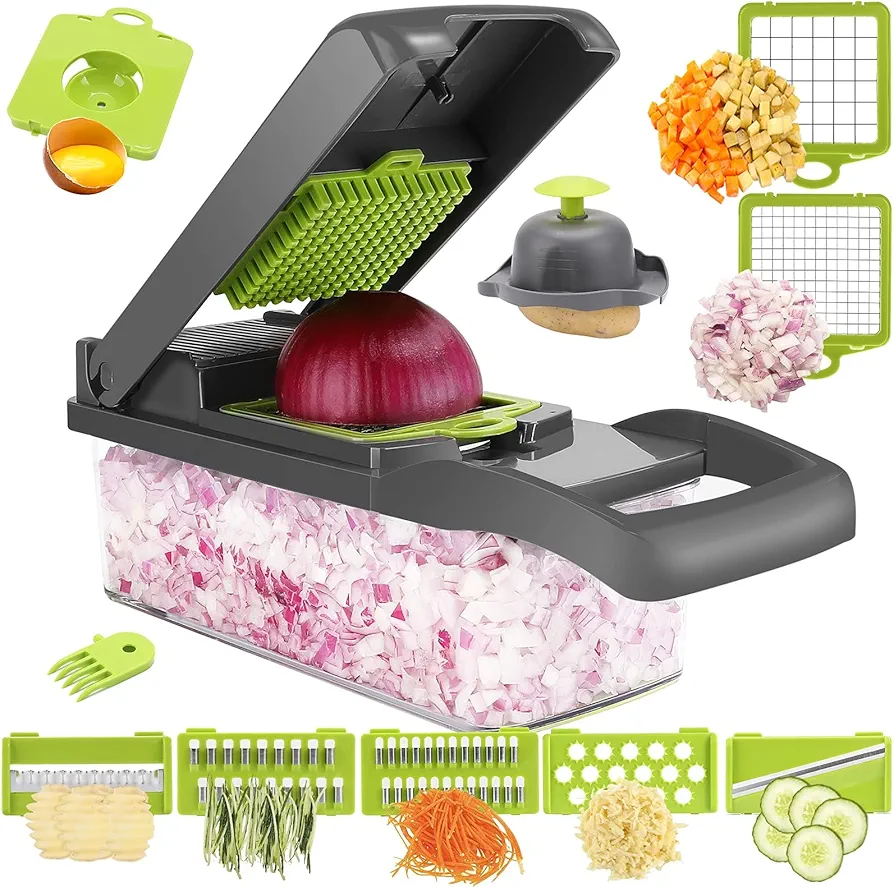 Vegetable Chopper，Putsea Veggie Chopper，Multifunctional 13 in 1 Food Chopper，Vegetable Slicer Dicer with 8 Blades，Onion Chopper Vegetable Cutter with Salad Garlic Carrot (Gray)